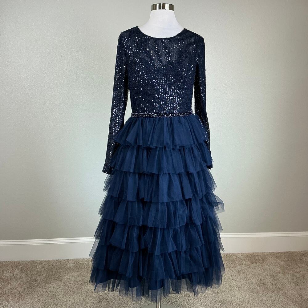 Mac Duggal 26299 Blue Cocktail Dress Sequined Tulle Long Sleeve A-Line Size 14 - Picture 2 of 11